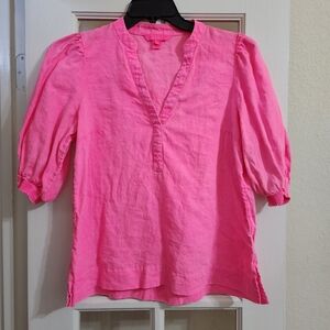 Lilly Pulitzer Pink 100% Linen Puff Sleeve Blouse Split Neck Size 4